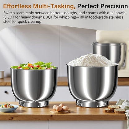 Stand Mixer with 3QT+3.5QT Dual Bowls, 10-Speed Electric 300W Food Mixer - Includes Egg Whisk, Dough Hook & Flat Beater for Home Baking & Daily Cooking (White)