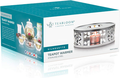 Teabloom Silhouette Tea Warmer - Brushed Stainless Steel Teapot Warmer with Tealight Holder and Candle