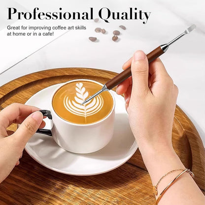 2-Pack Latte Art Pen Set, Stainless Steel Coffee Drawing Tool with Wood Handle, Double-Ended Barista Accessories for Creating Professional Espresso Tools, Home & Travel & Cafe Use