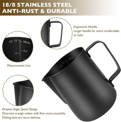 CAMKYDE Stainless Steel Milk Frothing Pitcher 20 oz, Espresso Steaming Pitcher with Decorating Pen for Espresso Machines, Cappuccino, Latte Art (Matte Black)