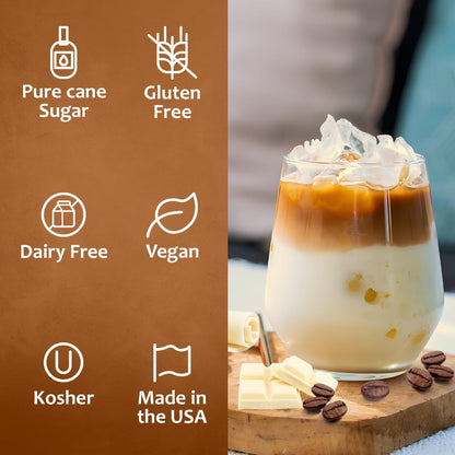 Syruvia White Chocolate Mocha Syrup For Coffee 25.4 Oz. - Kosher & Gluten Free, No Coloring, Perfect for Drinks, Soda, Shakes, Desserts, and More.