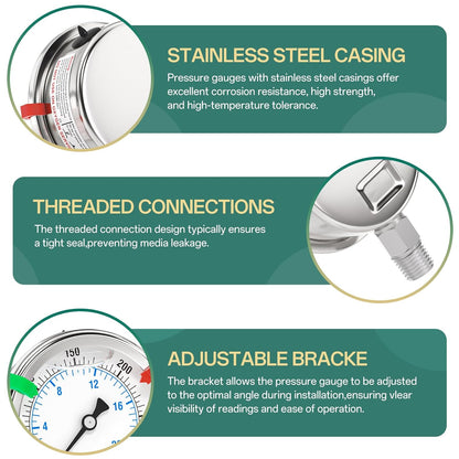 0-300PSI Stainless Steel Liquid Filled Pressure Gauge, 2.5" Dial Size, 1/4" NPT 316 Stainless Steel Joint, Lower Mount, for Tube, Water Pump, Gas, Liquid (with Range Mark Pointer)