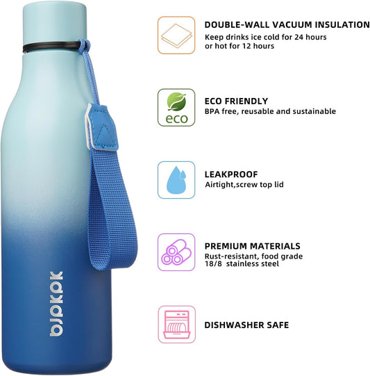 BJPKPK Insulated Water Bottles, 18 oz Stainless Steel Metal Water Bottle with Strap, BPA Free Leak Proof Thermos, Mugs, Flasks, Reusable Water Bottle for Sports & Travel, Sky