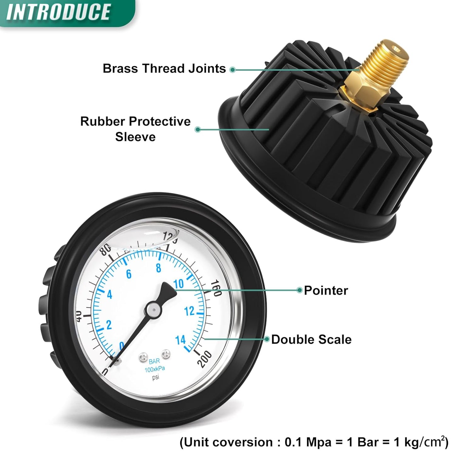 0-200PSI Stainless Steel Liquid Filled Pressure Gauge, 2.5" Dial Size, 1/4" NPT Back Mount, with Rubber Protective Sleeve, for Tube, Water Pump, Gas, Liquid, Pressure Test