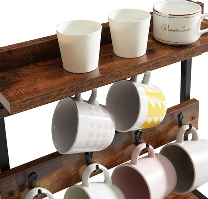 IBUYKE Rustic Coffee Mug Holder Stand, 2 Tier Countertop Mug Tree Holder Rack with Storage Base, Vintage Mug Holders for Kitchen, Holds 8 Mugs, Rustic Brown UTBJ002H