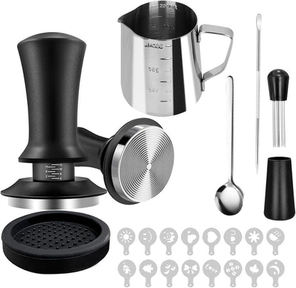 Coffee Tamper, 22 PCS Espresso Accessories Including 58mm Coffee Tamper WDT Tool Tamper Mat Coffee Stirrer Latte Art Pen Milk Frothing Pitcher Coffee Stencils