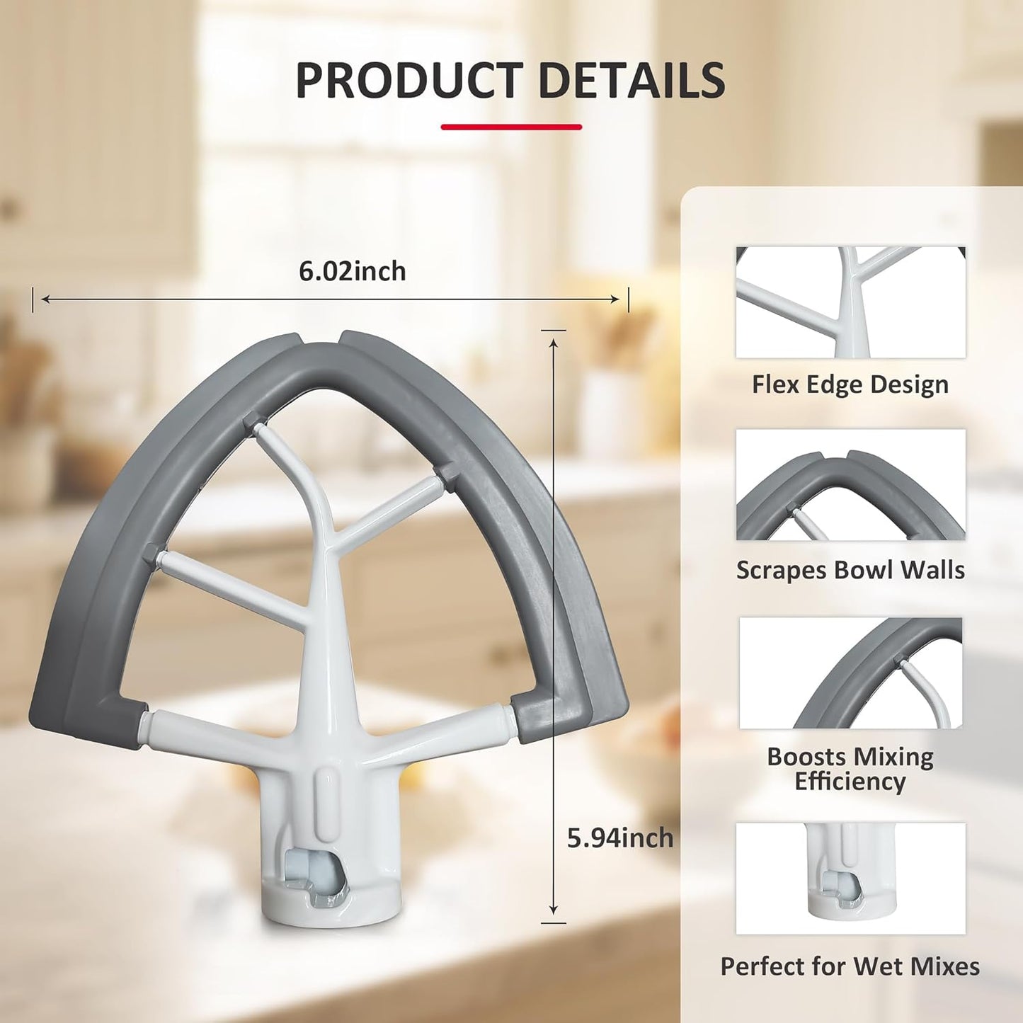 Flex Edge Beater for KitchenAid 4.5/5 Qt Tilt-Head Stand Mixer – Auto-Scrape Silicone Paddle, Dishwasher Safe, Flexible Silicone Edges Bowl Scraper For Kitchen Aid Accessories and Attachments (Grey)