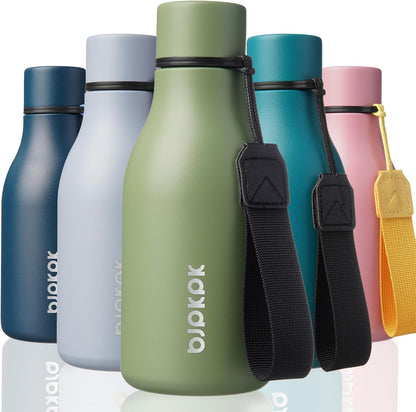BJPKPK Insulated Water Bottles, 12oz Stainless Steel Metal Water Bottle with Strap, BPA Free Leak Proof Thermos, Mugs, Flasks, Reusable Water Bottle for Sports & Travel, Forest Green