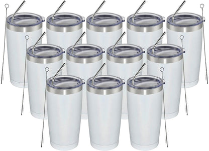 MEWAY 20oz Tumbler 12 Pack Double Wall Vacuum Insulated Travel Glitter Mug Bulk, Stainless Steel Tumblers with Lid and Straw, Powder Coated Coffee Cups for Woman(Rainbow White,Set of 12)