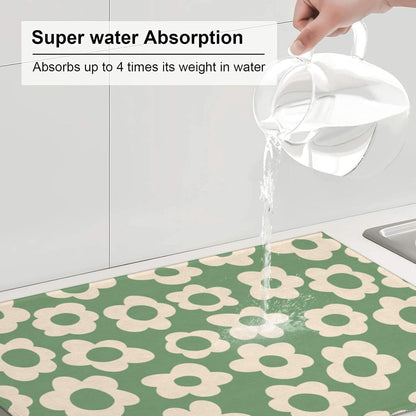 Floral Kitchen Dish Drying Mat for Dishes 18x24 Inch Vintage Groovy Flowers Drying Mat White Daisy Dish Drainer Mat Super Absorbent Dish Rack Pad for Coffee Bar Sinks(Green)
