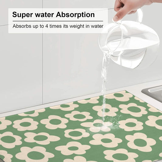 Floral Kitchen Dish Drying Mat for Dishes 18x24 Inch Vintage Groovy Flowers Drying Mat White Daisy Dish Drainer Mat Super Absorbent Dish Rack Pad for Coffee Bar Sinks(Green)