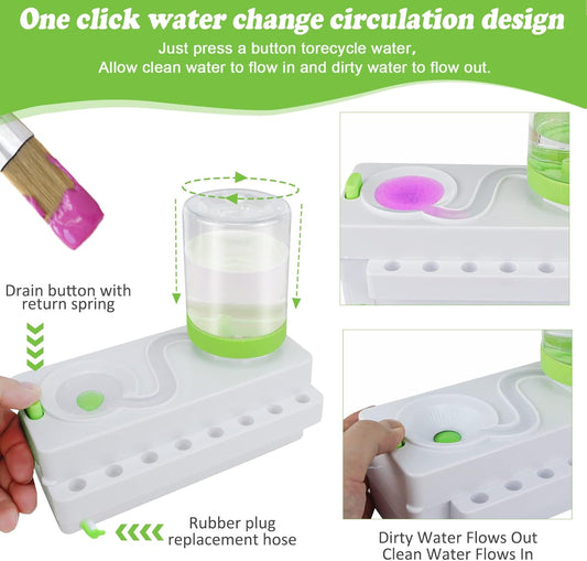 Paint Brush Cleaner, Painting Station with Drain and Brush Holder, Strengthen Water Recycling Brush Rinser, Paint Brush Cleaner Tool for Acrylic, Watercolor and Water-Based Painting Supplies, Green