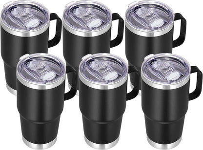 VEGOND 20 oz Tumbler Bulk with Handle Lid and Straw, Stainless Steel Insulated Travel Coffee Mug Set, Spill Proof Double Wall Metal Tumblers Cups, Black 6 Pack