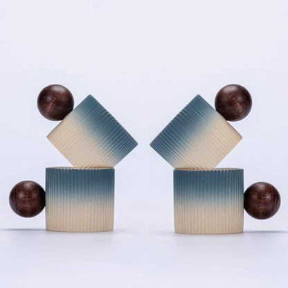 Ceramic Mini Espresso Cups Demitasse Cups with Round Wooden Handle Vertical Stripes Tea Cups (Beige&Blue, 4pcs)
