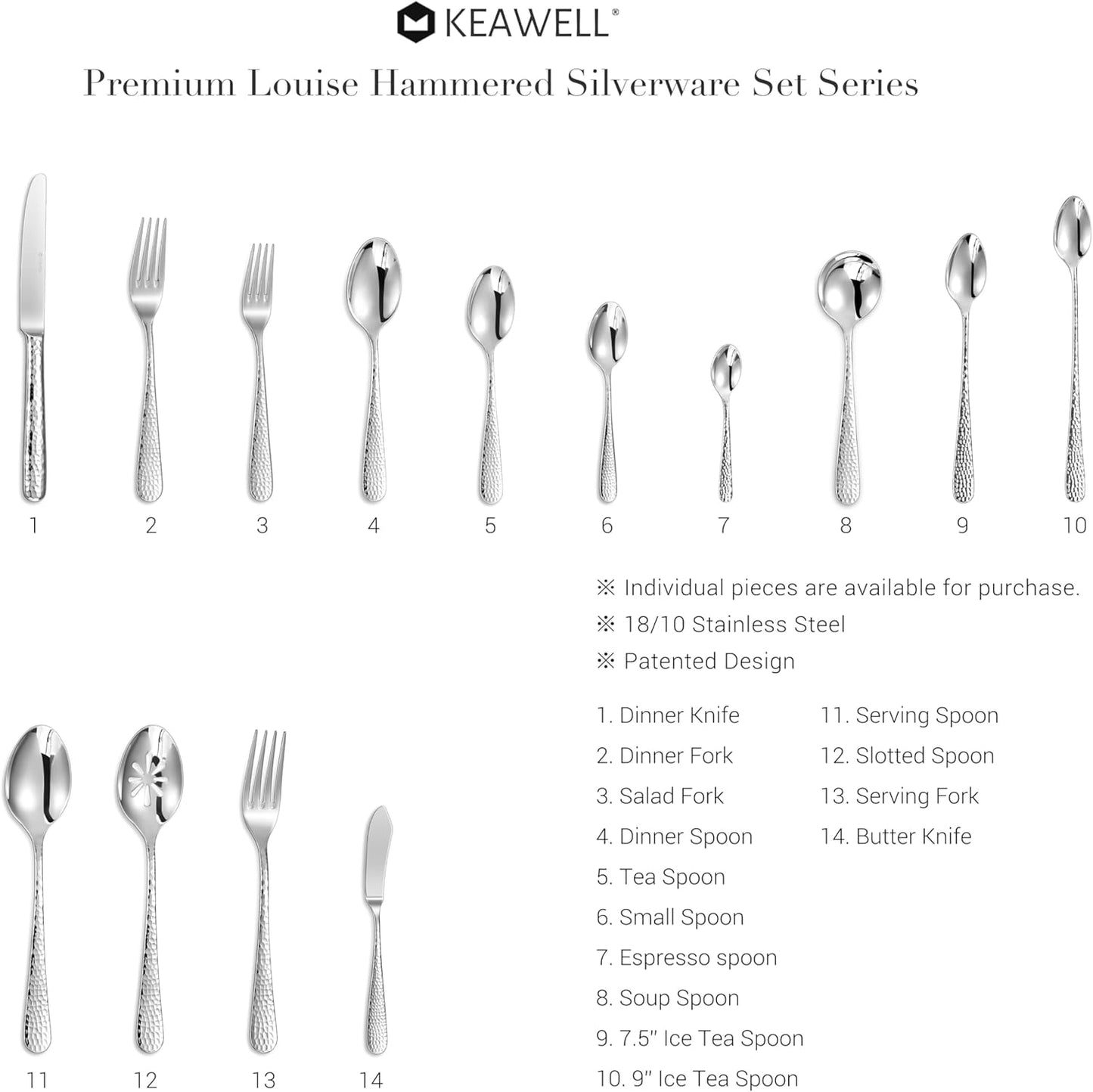 KEAWELL Premium Louise Hammered Demitasse Espresso Spoons: 6-Piece/12-Piece Set, 18/10 Stainless Steel, Mini Coffee Spoons, Small Spoon Set, Brightly-Mirror polished, Dishwasher Safe (12, 5.6 inches)
