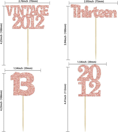 Gyufise 24Pcs 13th Birthday Cupcake Toppers Glitter Thirteen Vintage 2012 Hello 13 Years Birthday Cupcake Picks Official Teenager 13 Cake Decor for Happy 13th Anniversary Party Rose Gold