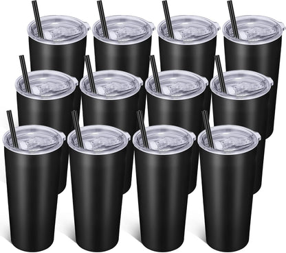 VEGOND 20oz Tumbler Bulk with Lid and Straw 12 Pack, Stainless Steel Vacuum Insulated Tumbler, Double Wall Coffee Cup Travel Mug, Black