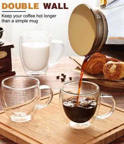 OJA Espresso Cups Set of 2, Hand Blown 5OZ Double Wall Glass Mugs with Handle Perfect for Cappuccino, Latte, Tea, Clear Glass Espresso Shot Cups Suitable for Coffee Machine