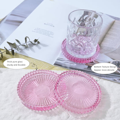 Glass Coaster 6 Pack Round Cup Coasters for Drinks,Crystal Coffee Coaster,Stylish Drink Coasters for Kitchen Bar Dining Room Living Room Office Decor and Jewelry Storage,Pink