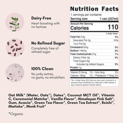 Pop & Bottle, Vanilla and Matcha Oat Milk Lattes - Reishi and Maitake Mushrooms, Green Tea, Cold Brew, Marine Collagen, MCT Oil, Organic, Dairy & Gluten Free, Vegan - 8 Fl Oz, (Pack of 12), 6 Each