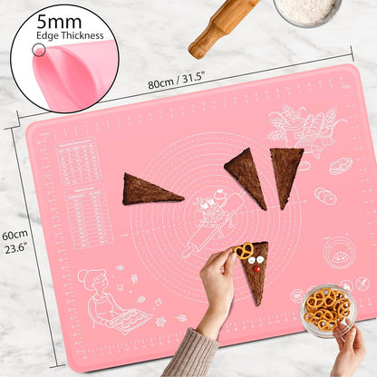 Silicone Pastry Mat 32" x 24" Extra Thick Non Stick Baking Mat with Measurements and Edge Heightening, Food Grade Silicone Rolling Mat for Pastry, Bread, Cookies, Pizza, Fondant, Pasta - Pink