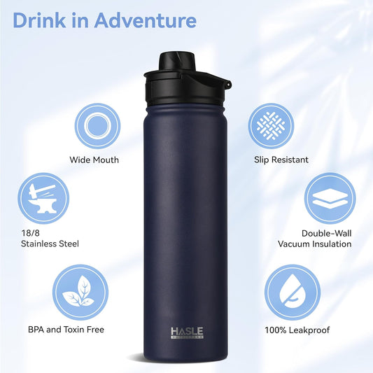 HASLE OUTFITTERS Insulated Water Bottle 22 oz Double Wall Stainless Steel Water Bottle Wide Mouth with Straw Lid & Spout Lid Keeps Cold or Hot(Navy,8)