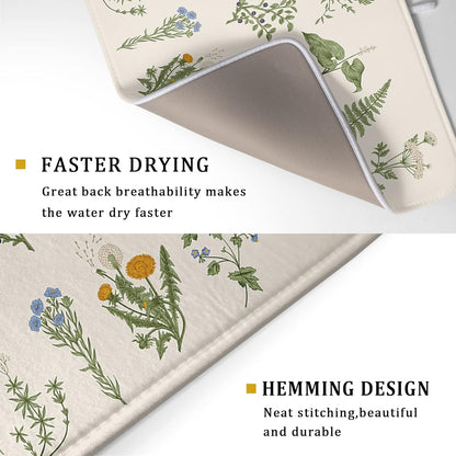 Sage Herb Dish Drying Mat For Kitchen Counter 18x24 In Leaves Microfiber Absorbent Dishes Pad Wild Plant Drying Mat Floral Drying Pad Green Decor Dish Drainer Rack Mats For Coffee Bar Mats