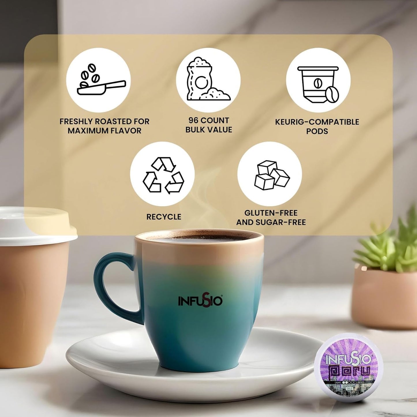 InfuSio Coffee Pods 96 Count Peru Medium Light Roast Single serve Coffee pods for Keurig K Cup® Brewers - InfuSio Premium Roasted Keurig 2.0 Compatible