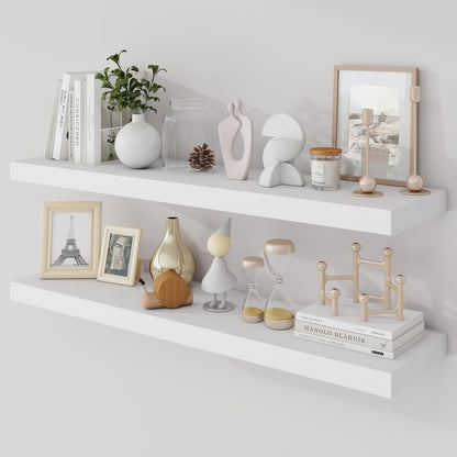 36 Inch Floating Shelves, 9.3" Deep Floating Shelf Wall Mounted, 36" Wall Shelves, Rustic Deep Bookshelf, Large Display Shelves & Storage Shelves for Bedroom, Living Room, White, Set of 2