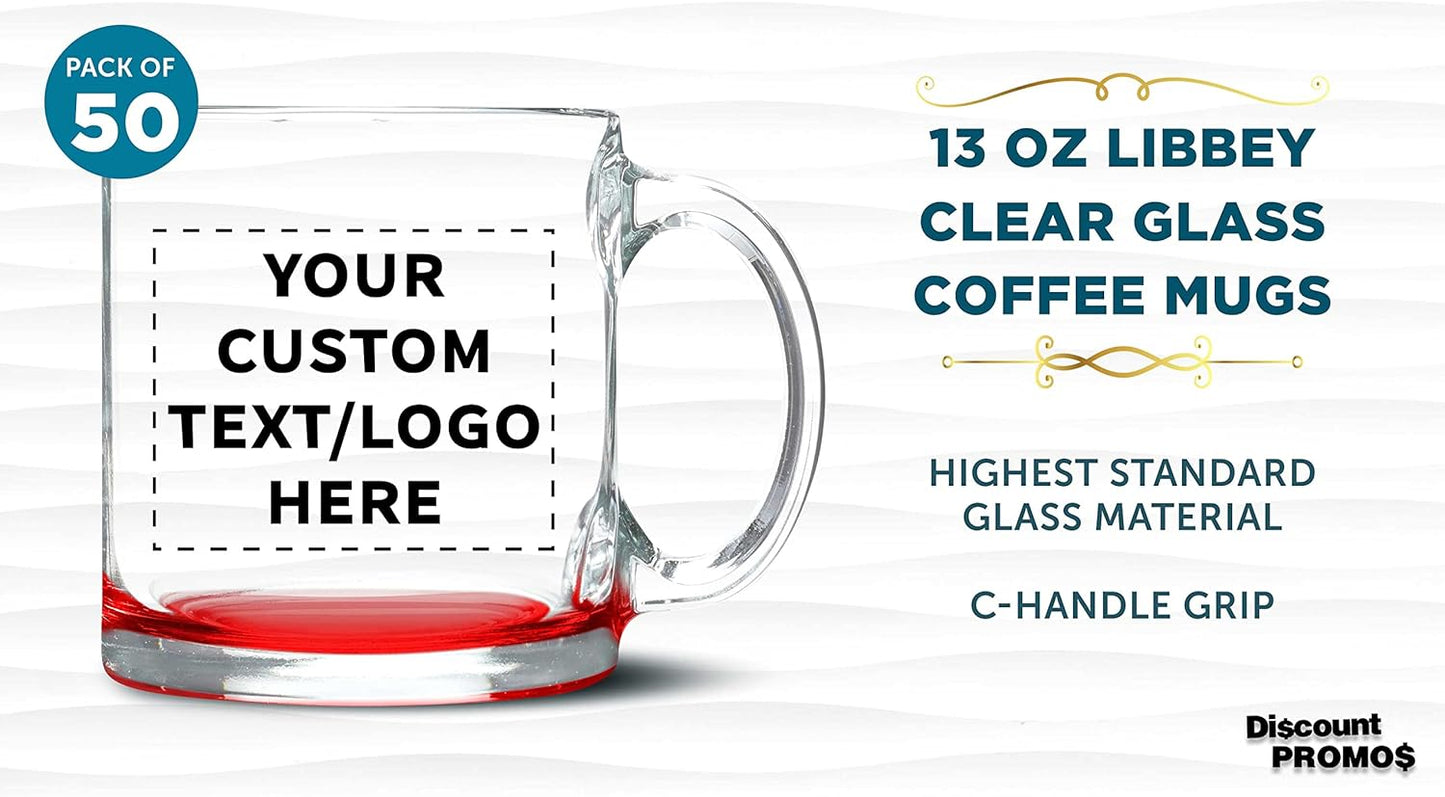 Custom Libbey Clear Glass Coffee Mugs 13 oz. Set of 50, Personalized Bulk Pack - Perfect for Coffee, Tea, Espresso, Hot Cocoa, Other Beverages - Red Bottom