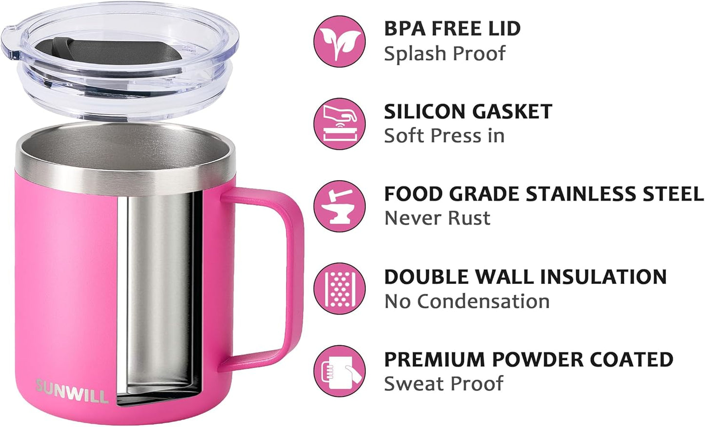 SUNWILL Travel Coffee Mugs Set of 4, Insulated Tumbler with Lid, 14oz Stainless Steel Cup with Handle Bulk for Gift, Camping, Office, Powder Coated Charcoal, Royal Blue, Magenta, Yellow
