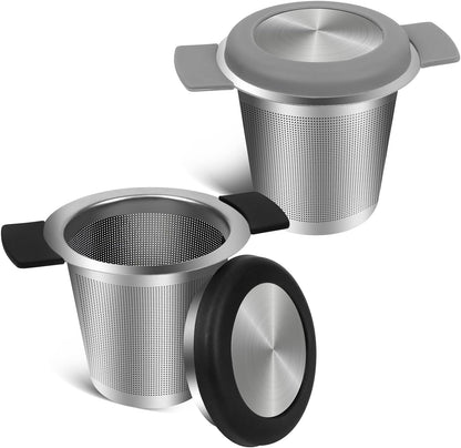 2pcs Tea Infuser for Loose Leaf Tea, Stainless Steel Tea Steeper with Heat Proof Handle, Extra Fine Mesh Tea Strainer, Gift for Tea Lovers (Black, Grey)