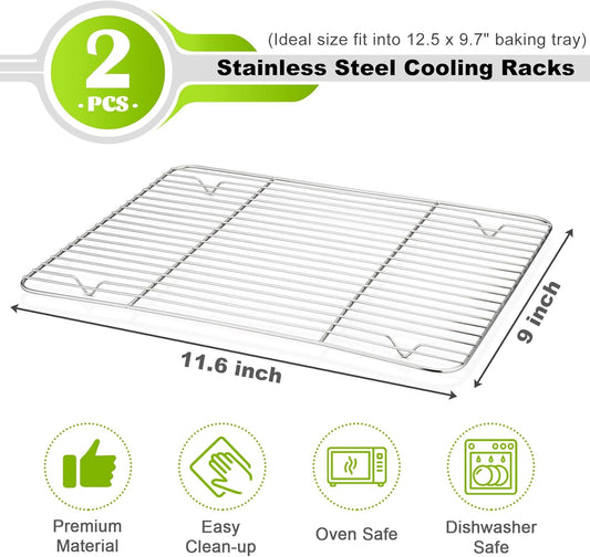 P&P CHEF Cooling Baking Rack Pack of 2, Stainless Steel Cooling Racks for Cooking Baking Roasting Grilling Drying, Dense Wires & Smooth Edge, Easy to clean, Silver, 11.6" x 9"