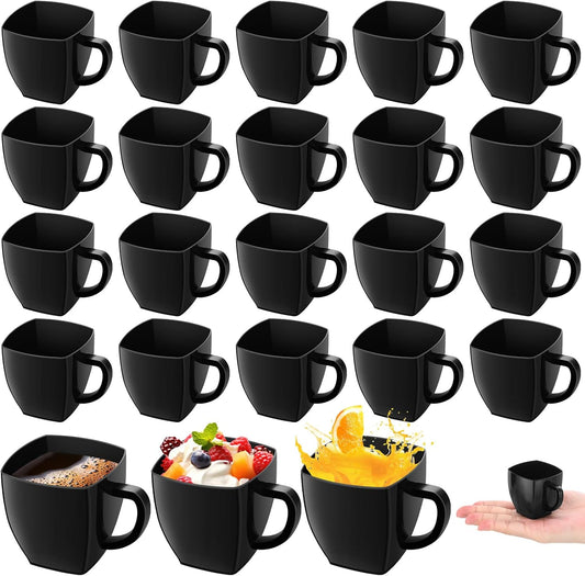 Amyhill 50 Pcs Disposable Tea Cups Mini Plastic Tea Cup Bulk with Handle Hard Plastic Coffee Mug Disposable Square Espresso Mug for Party Catering (Black)