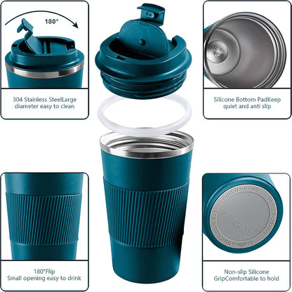 YINBAOGE Insulated Travel Coffee Mug Spill Proof Leak Proof Pobtable To Go Camping Stainless Steel Coffee Tumbler Reusable Coffee Cups with Lids Thermos for Hot and Cold Drink (Blue, 17 OZ)