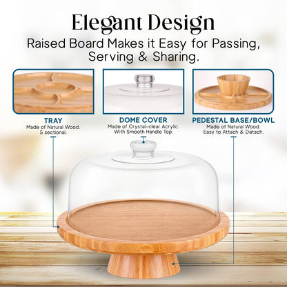 Homeries Bamboo Cake Stand with Lid, Cake Plate, (6 in 1) Multi-Functional Serving Platter, Large Cake Stand with Dome, Cake Display Stand with lid & Cake Dome - Use as Cake Holder, Cake Cover