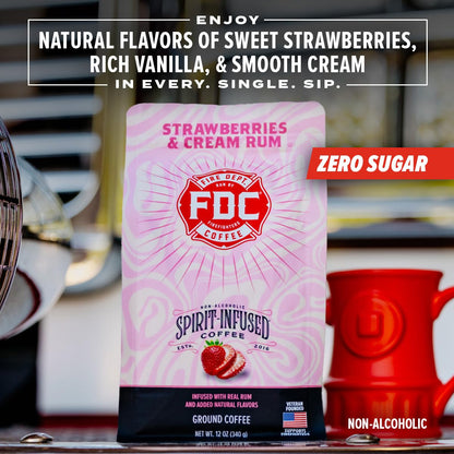 Fire Department Coffee - Gives Back to Firefighters - Strawberries & Cream Rum Infused Whole Bean Coffee - Medium Roast - Non-Alcoholic - Roasted in the USA - Veteran Owned - 12 oz