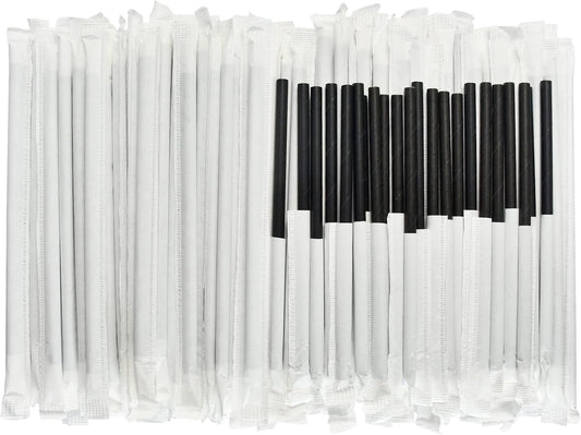 [400 Pack] Chunspak 5.75 inch Disposable Black Paper Cocktail Straws, Paper Bar Stirrers - Individually Wrapped