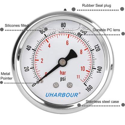 Glycerin Filled Pressure Gauge 160psi/11bar, Stainless Steel case, Brass Inside Construction, 2-1/2" dial, 1/4" NPT Back Connection.…