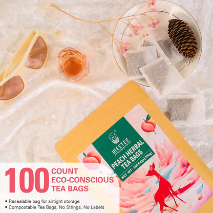 WT WEETEE Peach Herbal Tea Bags, Caffeine Free Tea Made with Rose Hip, Orange Peel, Hawthorn, Chamomile, Hibiscus & More, 100 Counts Peach and Herbs Good for Iced