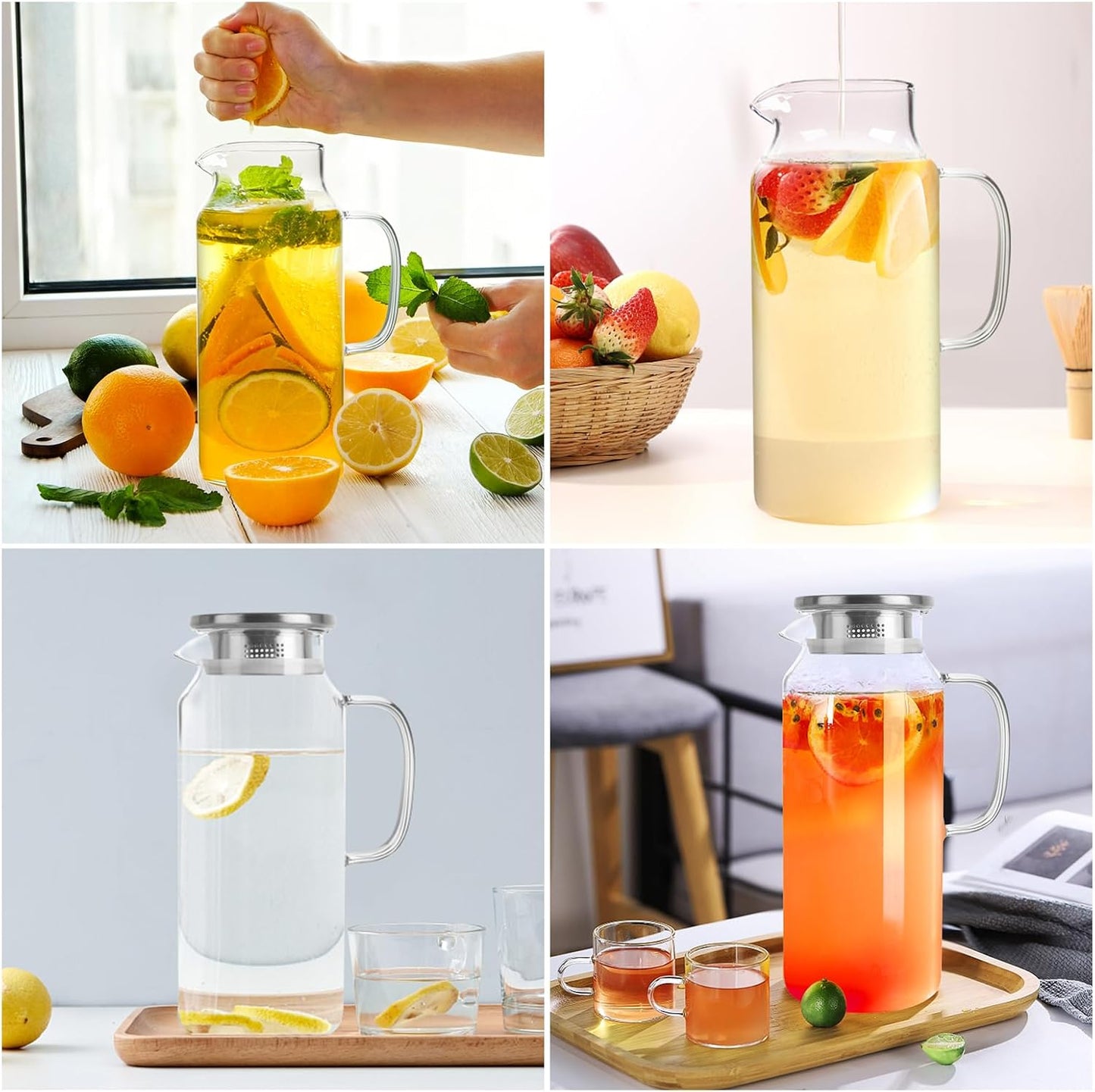 Yirilan Glass Pitcher, 1.8 Liter Water Pitcher with Lid, Beverage Pitchers for Hot, Cold Water, Iced Tea and Juice Drink with Cup Brush