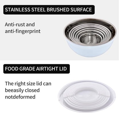 White Mixing Bowls with Lids Set of 7, Stainless Steel Nesting Bowl with Khaki Lid for Non-slip Mixing Prepping Storing Serving, 7 Sizes-7/3.6/2.7/2.1/1.5/1/0.8 QT