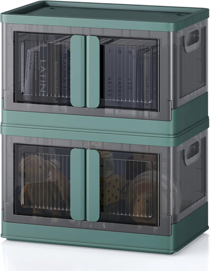 8.4Gal Collapsible Storage Bins with Lids & Wheels - 2 Pack Stackable with Doors, Heavy-Duty Plastic Containers for Home/Office, Green