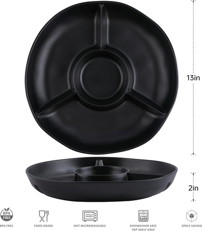 Chip & Dip Serving Tray Set, 4 Sectional Round Melamine Serving Platter, Relish Tray, Round Compartment Appetizer platter for Veggies, Candy and Snacks, Matte Black, Set of 2