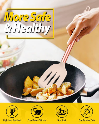 Pack of 4 Silicone Cooking Utensils Set, Non Stick Large Solid Spatulas, Heat Resistant Rose Gold Khaki Slotted Spoons, Ideal BPA Free Kitchen Turners for Frying, Mixing,Serving,Draining,Turning