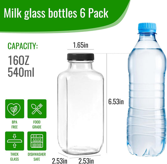 BIGIVACA 16 oz Glass Juice Bottles with Lids,6 PACK Bottles for Juicing,Square Drinking Jars Glass for Coffee,Cola,Milk,Tea in Travel,Work,School