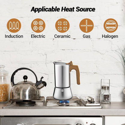 No Coating 6 Cup Moka Pot Thickened 304 Stainless Steel Stovetop Espresso Coffee Maker 300ml 10.1oz Mocha Percolator Greca Cuban Ideal for Making Rich Authentic Italian Café
