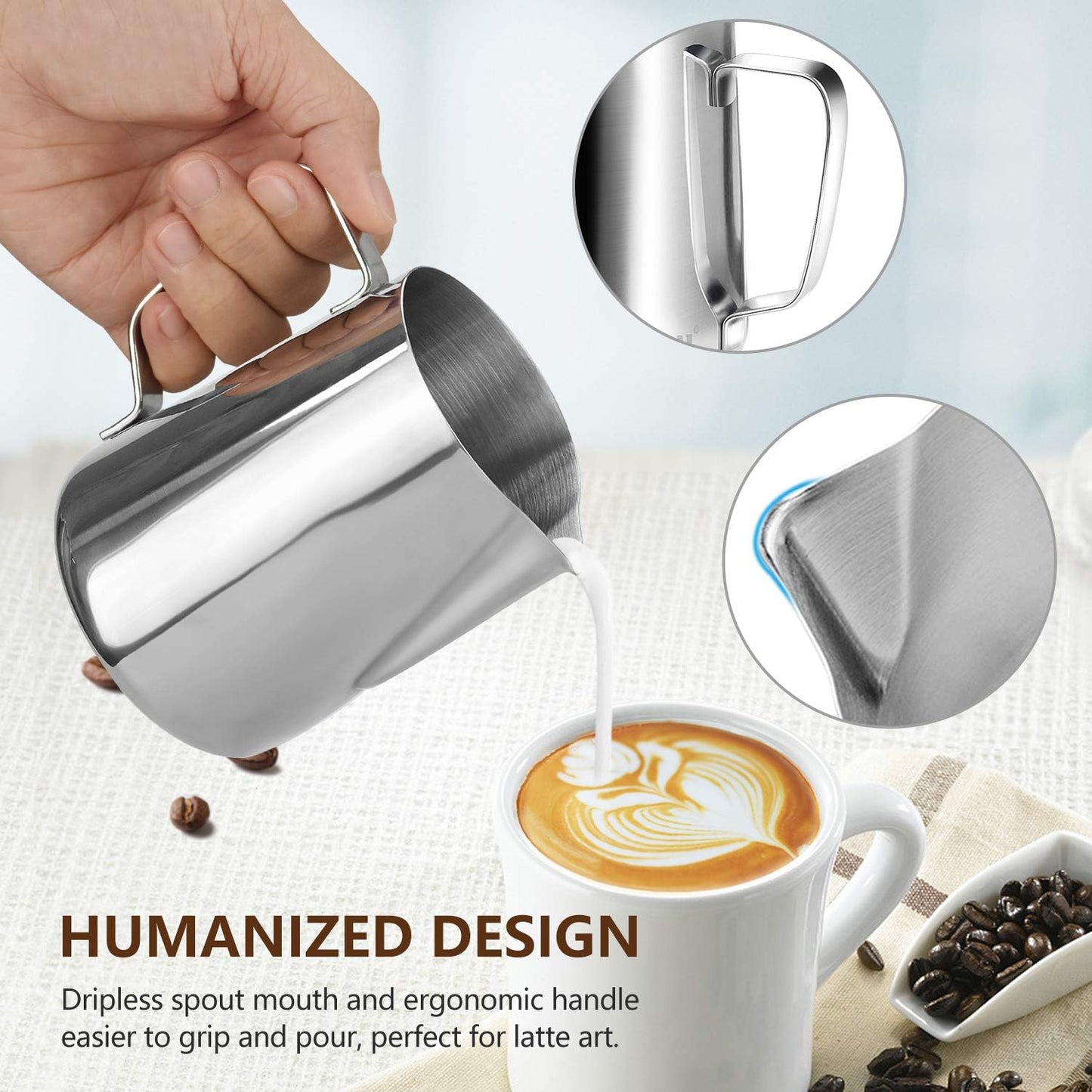 HOOMIL Milk Frothing Pitcher, 12oz/350ml Stainless Steel Steaming Pitcher Barista Milk Frother Cup Jug for Espresso Machine Coffee Cappuccino Latte Art - Silver