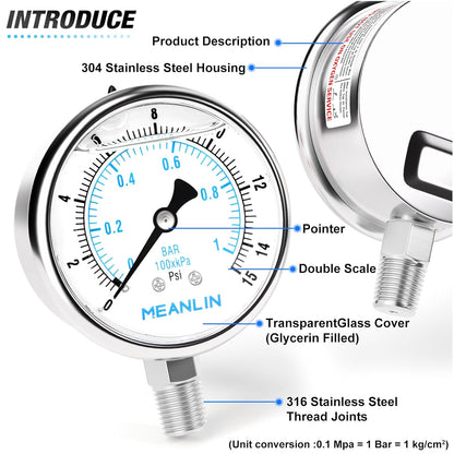 MEANLIN MEASURE 0~15Psi Liquid Filled Pressure Gauge Stainless Steel with 316 Stainless Steel Joint 1/4" NPT 2.5" FACE DIAL for Water Oil Air Well Pump Tank Tire Pressure Test Lower Mount