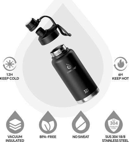 IDEUS Insulated Stainless Steel Water Bottle with 2 Leak-Proof Lids, Thermal Water Flask for Hiking Biking, 32oz, Black